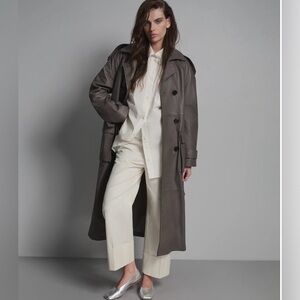 Wilsons Leather Esme Leather Grey Taupe Trench Coat